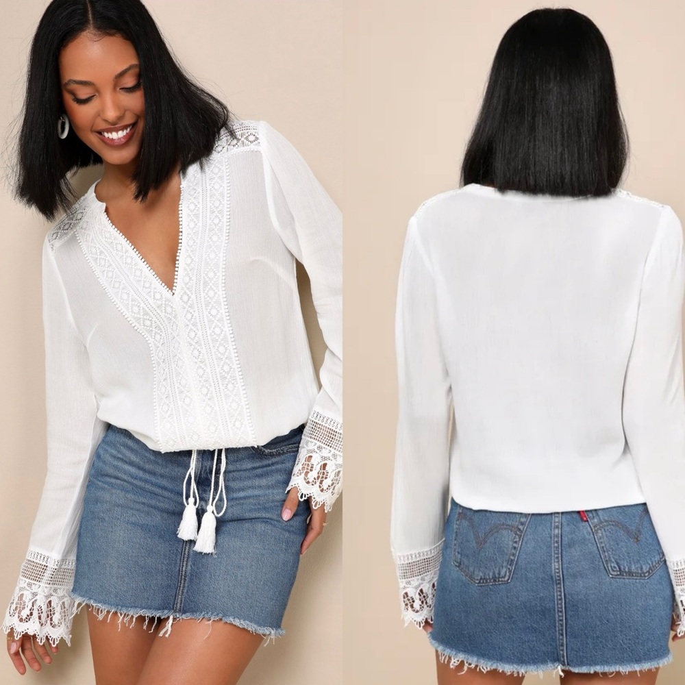 Lulus Bali Daydream White Lace Long Sleeve Top